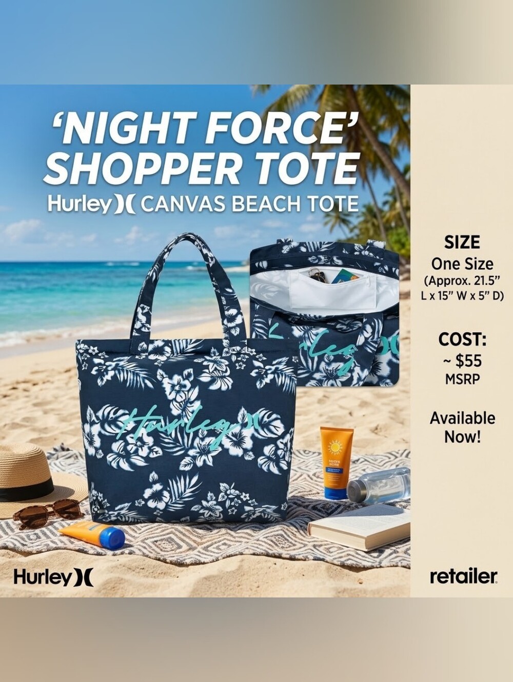 Hurley Navy Night Force Floral Canvas Shopper Tote, NWT